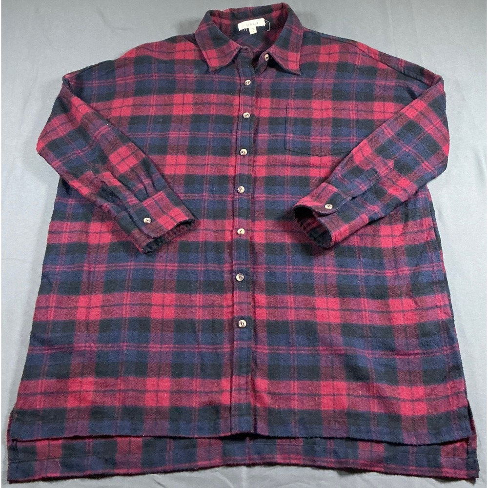 ILLA ILLA Womens Red Navy Blue Plaid Flannel Oversized Button Down Shirt Small